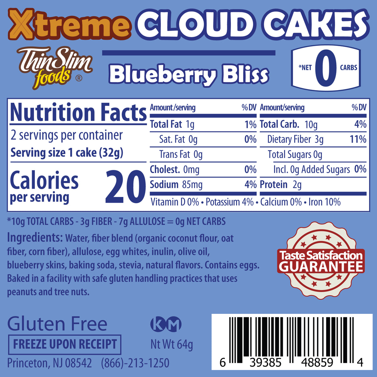 ThinSlim Foods Xtreme Blueberry Bliss Cloud Cakes label with Nutrition Facts, ingredients, and storage instructions.