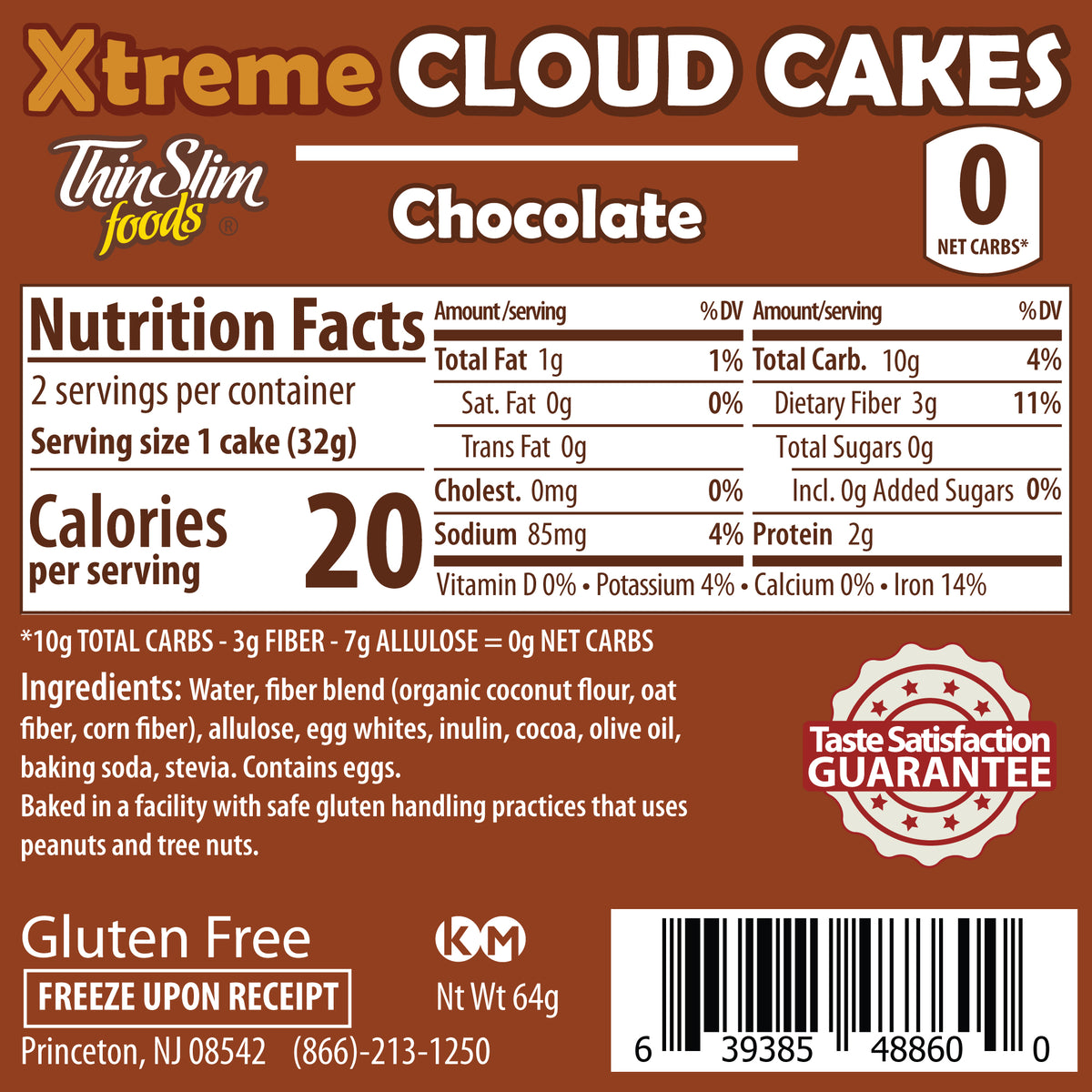 ThinSlim Foods Xtreme Chocolate Cloud Cakes label with Nutrition Facts, ingredients, and storage instructions.