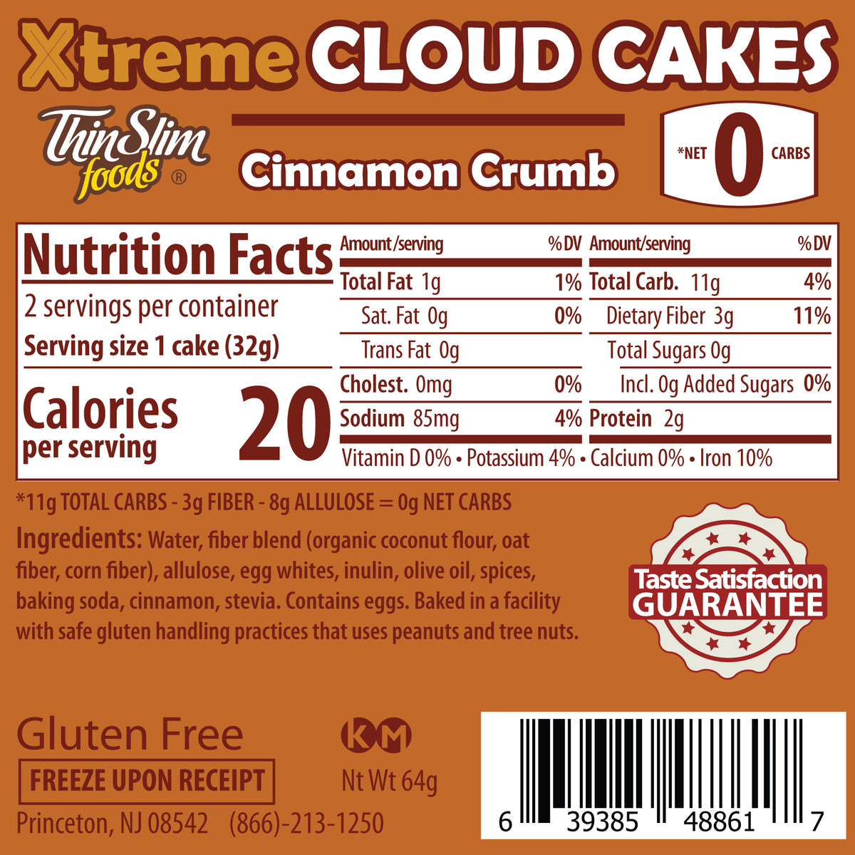 ThinSlim Foods Xtreme Cinnamon Crumb Cloud Cakes label with Nutrition Facts, ingredients, and storage instructions.