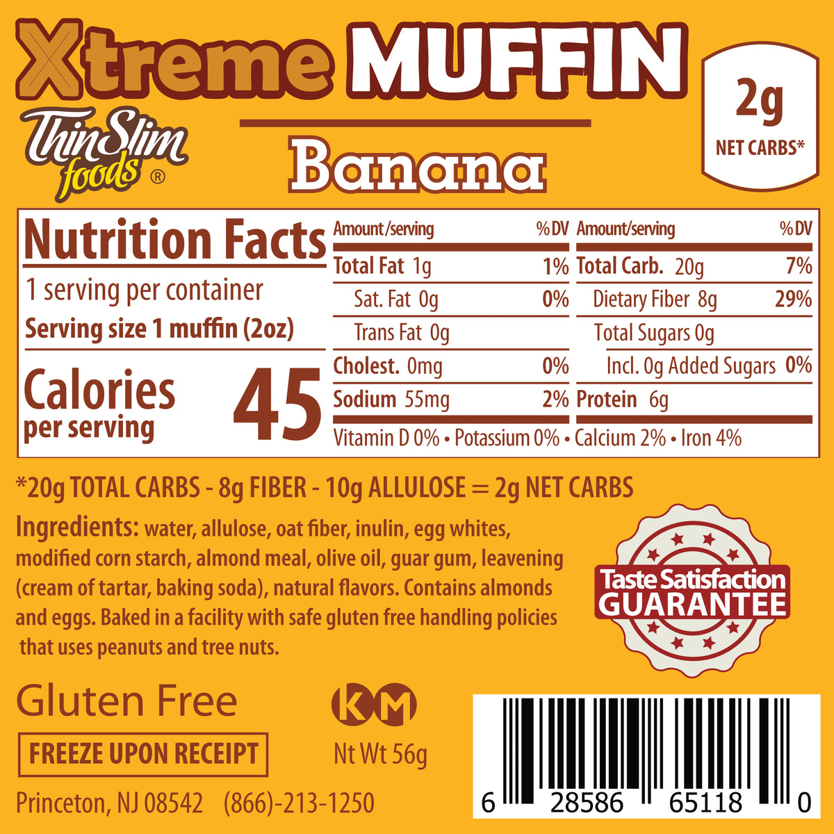 ThinSlim Foods Xtreme Banana Muffin label with Nutrition Facts, ingredients, and storage instructions.