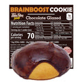 ThinSlim Foods BrainBoost Chocolate Glazed Cookie label behind a cookie with chocolate glaze.