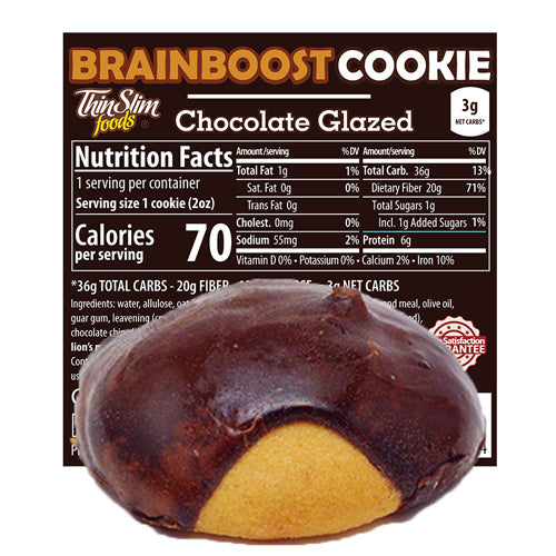 ThinSlim Foods BrainBoost Chocolate Glazed Cookie label behind a cookie with chocolate glaze.