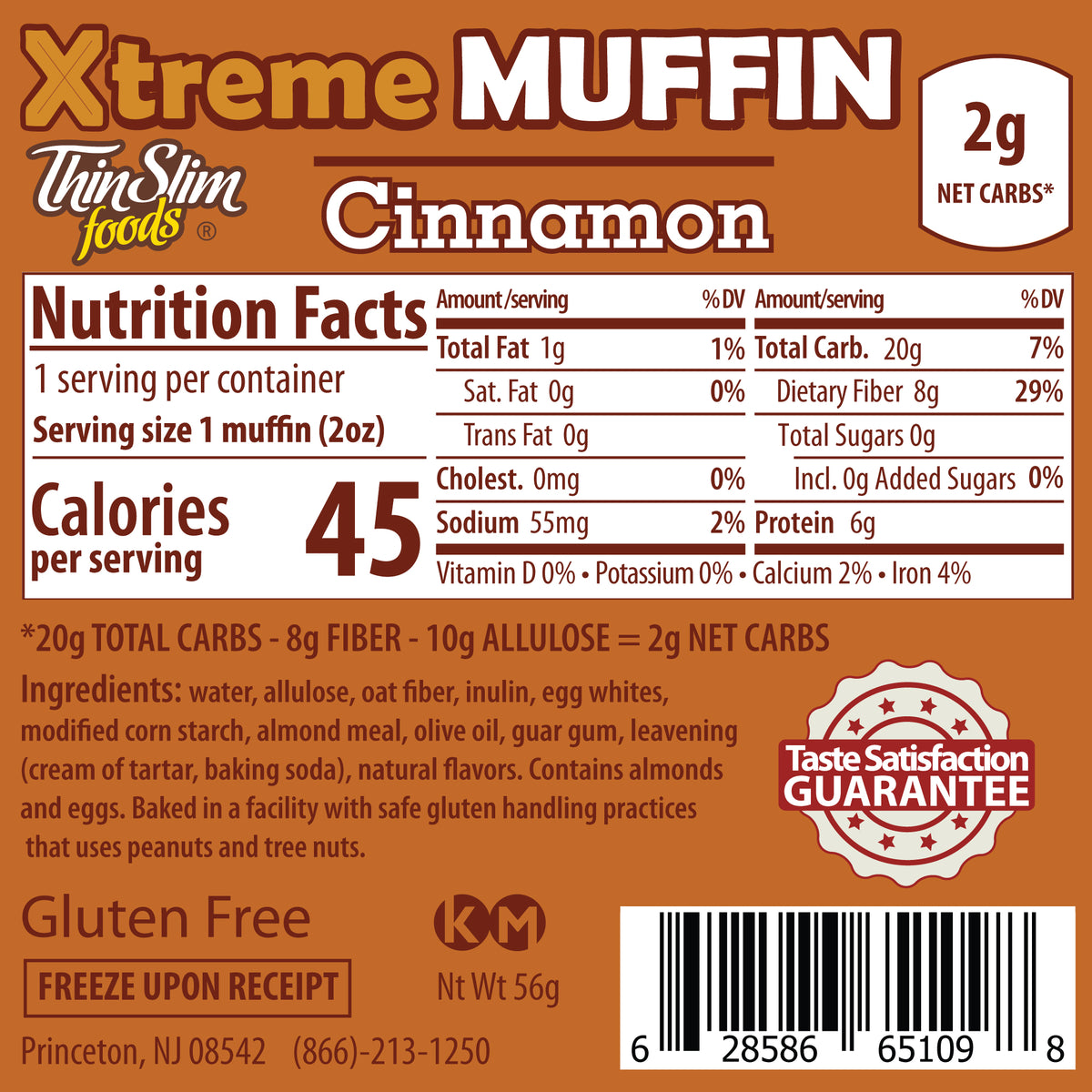 ThinSlim Foods Xtreme Cinnamon Muffin label with Nutrition Facts, ingredients, and storage instructions.