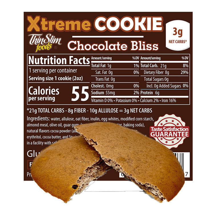 ThinSlim Foods Xtreme Chocolate Bliss Cookie label behind a cookie split open.