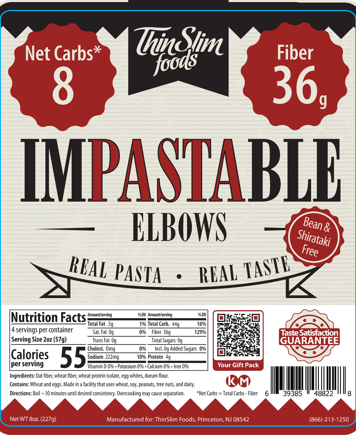 Impastable Elbows package label with Nutrition Facts, ingredients, and preparation instructions.
