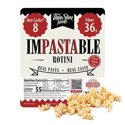 Impastable Rotini label beside dry spiral pasta.