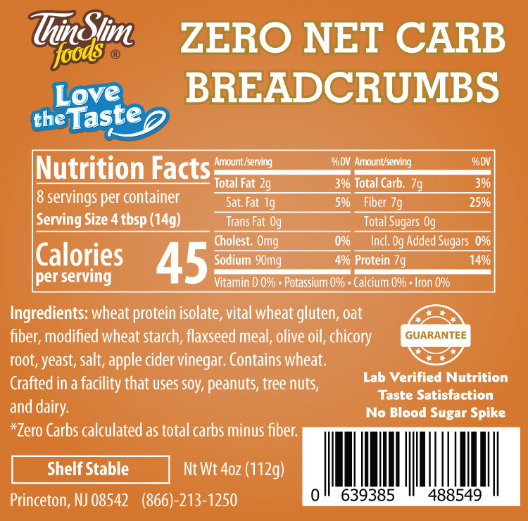 ThinSlim Foods Plain Breadcrumbs label with Nutrition Facts, ingredients, and storage instructions.