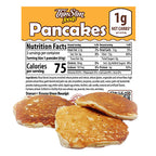 ThinSlim Foods Pancakes label above three pancakes, with one cut open.