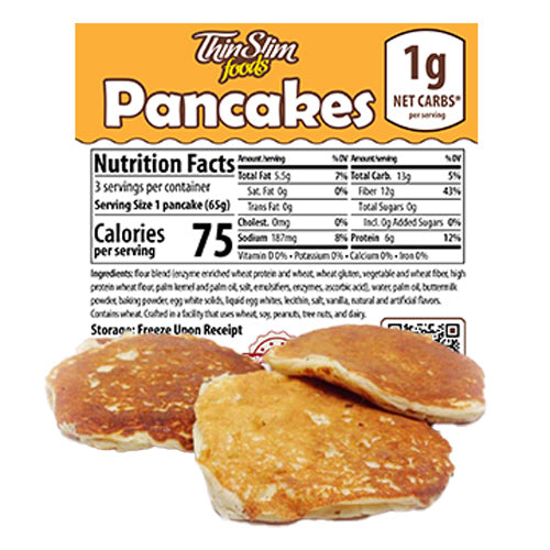 ThinSlim Foods Pancakes label above three pancakes, with one cut open.