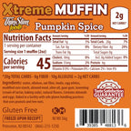 ThinSlim Foods Xtreme Pumpkin Spice Muffin label with Nutrition Facts, ingredients, and storage instructions.