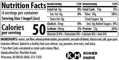 Nutrition Facts and ingredients for ThinSlim Foods Xtreme Plain Bagels. One bagel has 50 calories and 12 grams of protein.