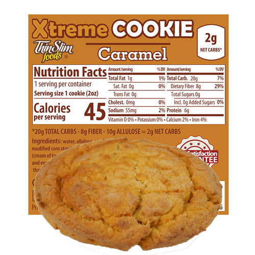 ThinSlim Foods Xtreme Caramel Cookie label behind a cookie.