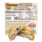 ThinSlim Foods Xtreme Chocolate Chip Cookie label behind a cookie split open to show the inside.