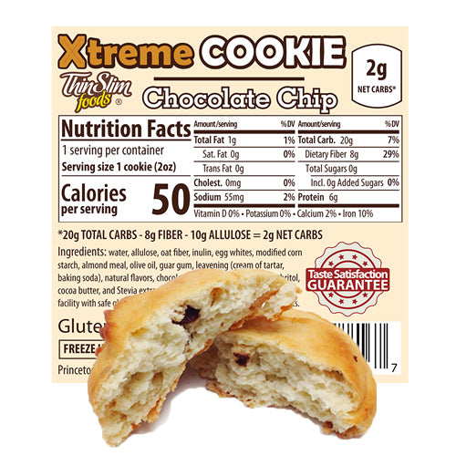 ThinSlim Foods Xtreme Chocolate Chip Cookie label behind a cookie split open to show the inside.