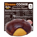 ThinSlim Foods Xtreme Chocolate Glazed Cookie label behind a cookie with chocolate glaze.