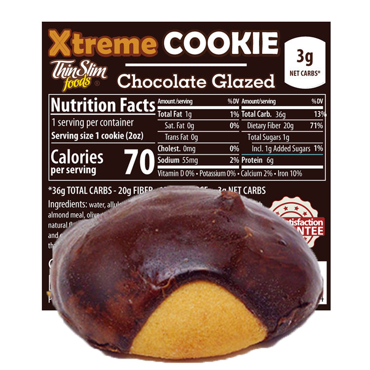 ThinSlim Foods Xtreme Chocolate Glazed Cookie label behind a cookie with chocolate glaze.