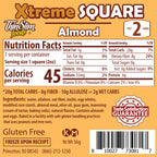 ThinSlim Foods Xtreme Almond Square label with Nutrition Facts, ingredients, and storage instructions.