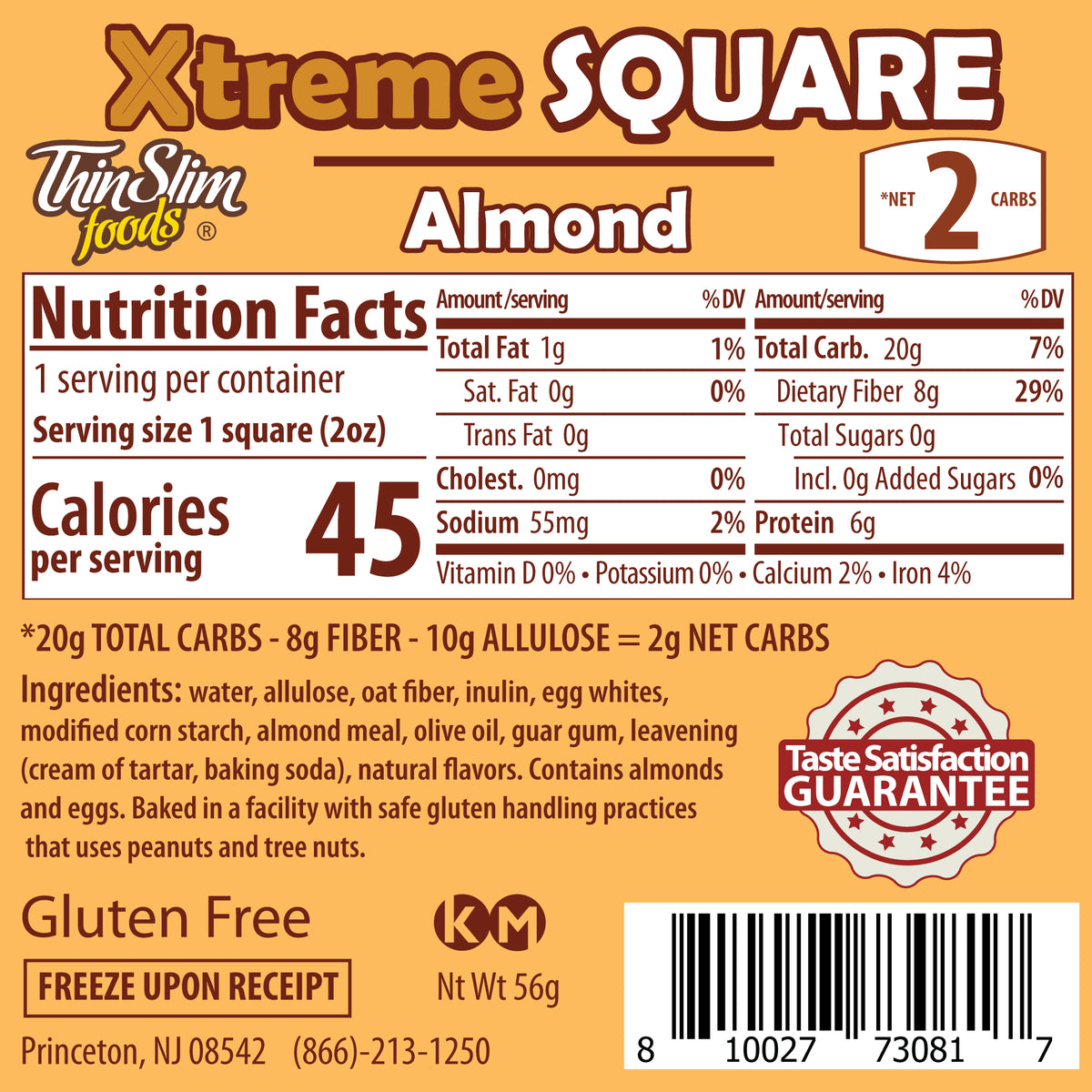ThinSlim Foods Xtreme Almond Square label with Nutrition Facts, ingredients, and storage instructions.