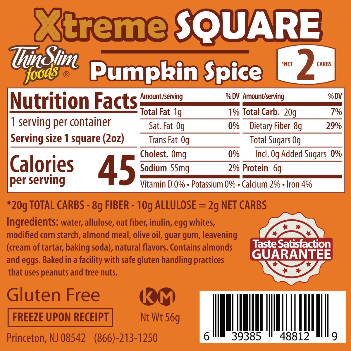 ThinSlim Foods Xtreme Pumpkin Spice Square label with Nutrition Facts, ingredients, and storage instructions.