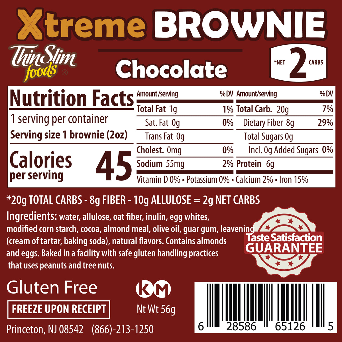 ThinSlim Foods Xtreme Chocolate Brownie label with Nutrition Facts, ingredients, and storage instructions.