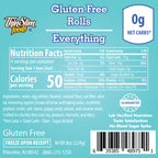 ThinSlim Foods Gluten Free Everything Rolls label with Nutrition Facts, ingredients, and storage instructions.