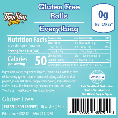 ThinSlim Foods Gluten Free Everything Rolls label with Nutrition Facts, ingredients, and storage instructions.