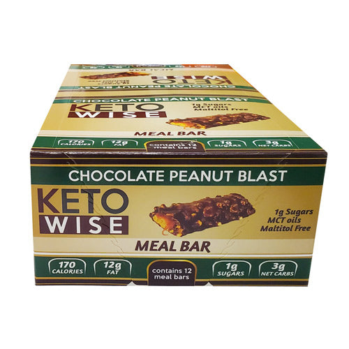 A display box of Keto Wise Chocolate Peanut Blast meal bars.