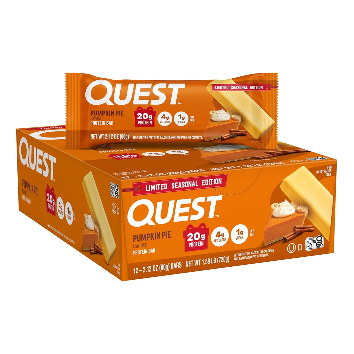 Front package of Quest Protein Bar, Pumpkin Pie (Seasonal) / 12 Bars