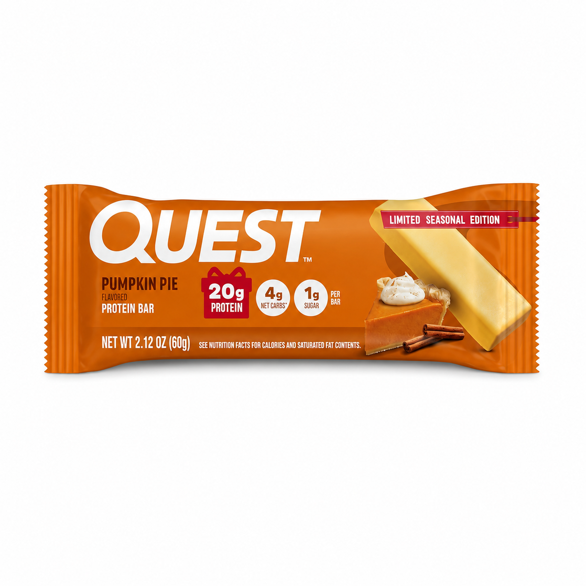 Front package of Quest Protein Bar, Pumpkin Pie (Seasonal) / 1 Bar