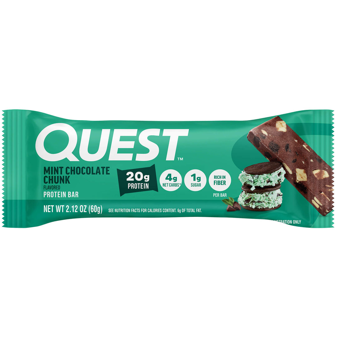 Front package of Quest Protein Bar, Mint Chocolate Chunk / 1 Bar