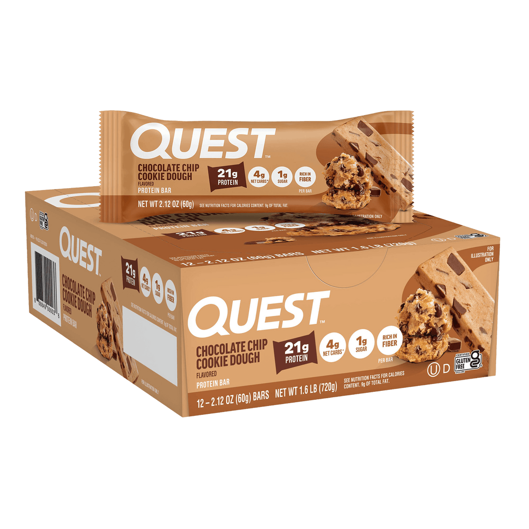 Front package of Quest Protein Bar, Chocolate Chip Cookie Dough / 12 Bars