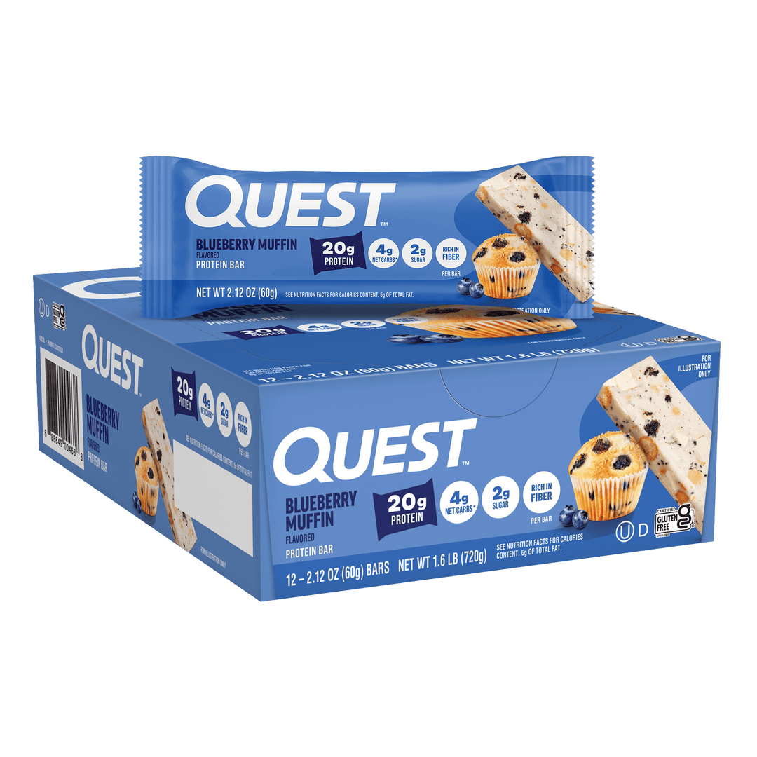 Front package of Quest Protein Bar, Blueberry Muffin / 12 Bars