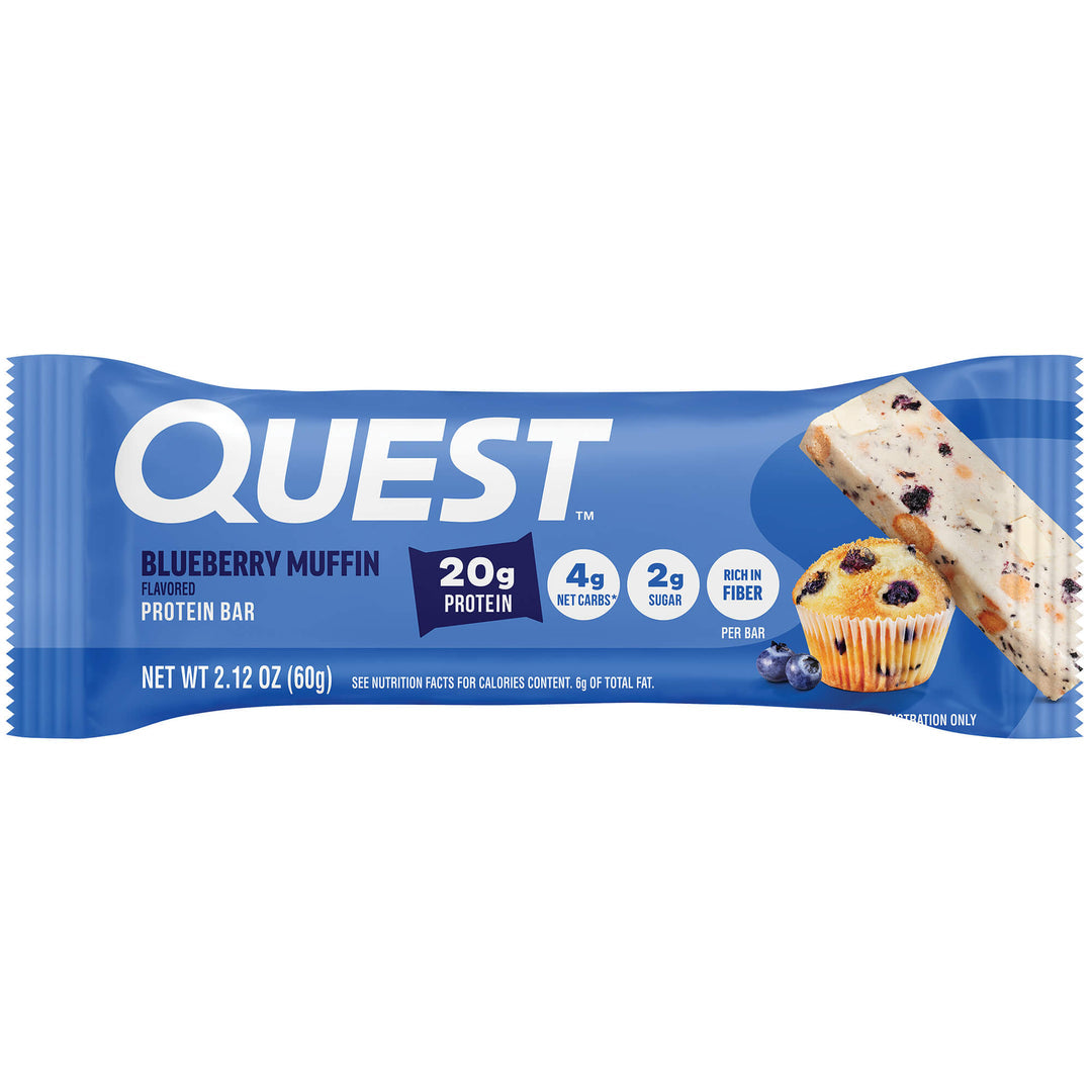 Front package of Quest Protein Bar, Blueberry Muffin / 1 Bar