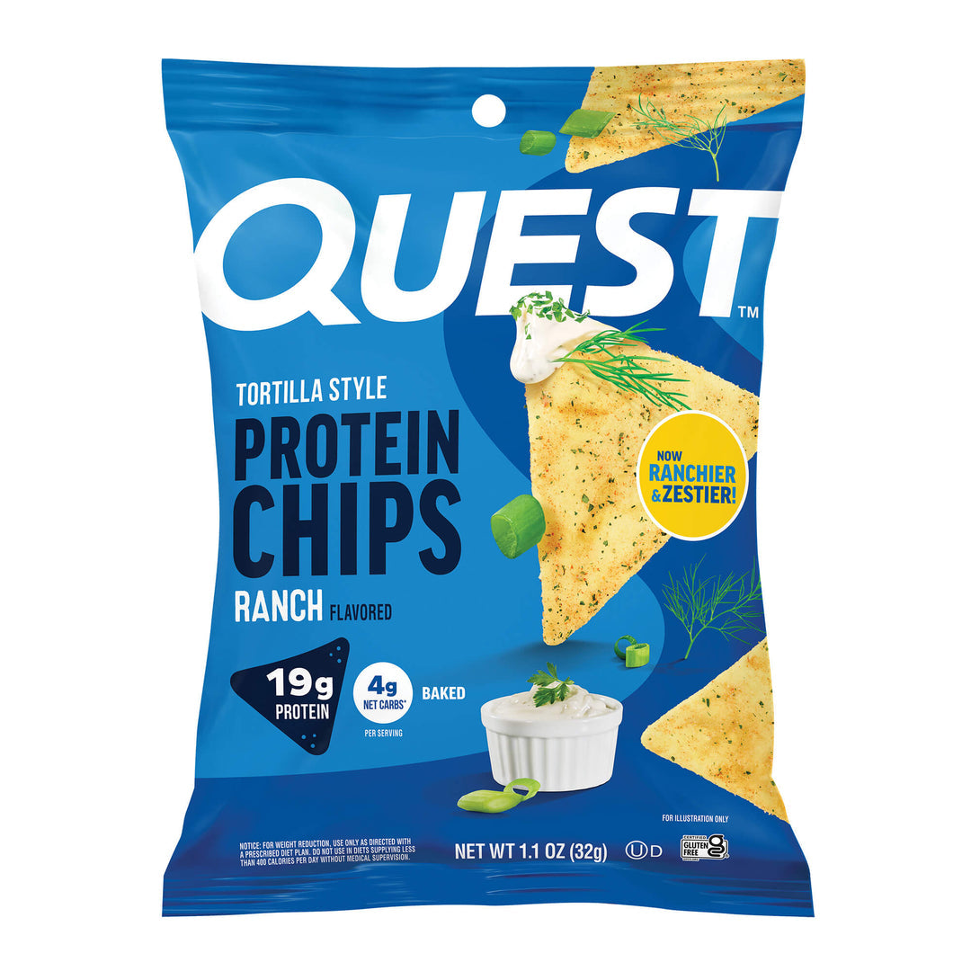 Front package of Quest Nutrition Tortilla Style Protein Chips, Ranch / Single Bag