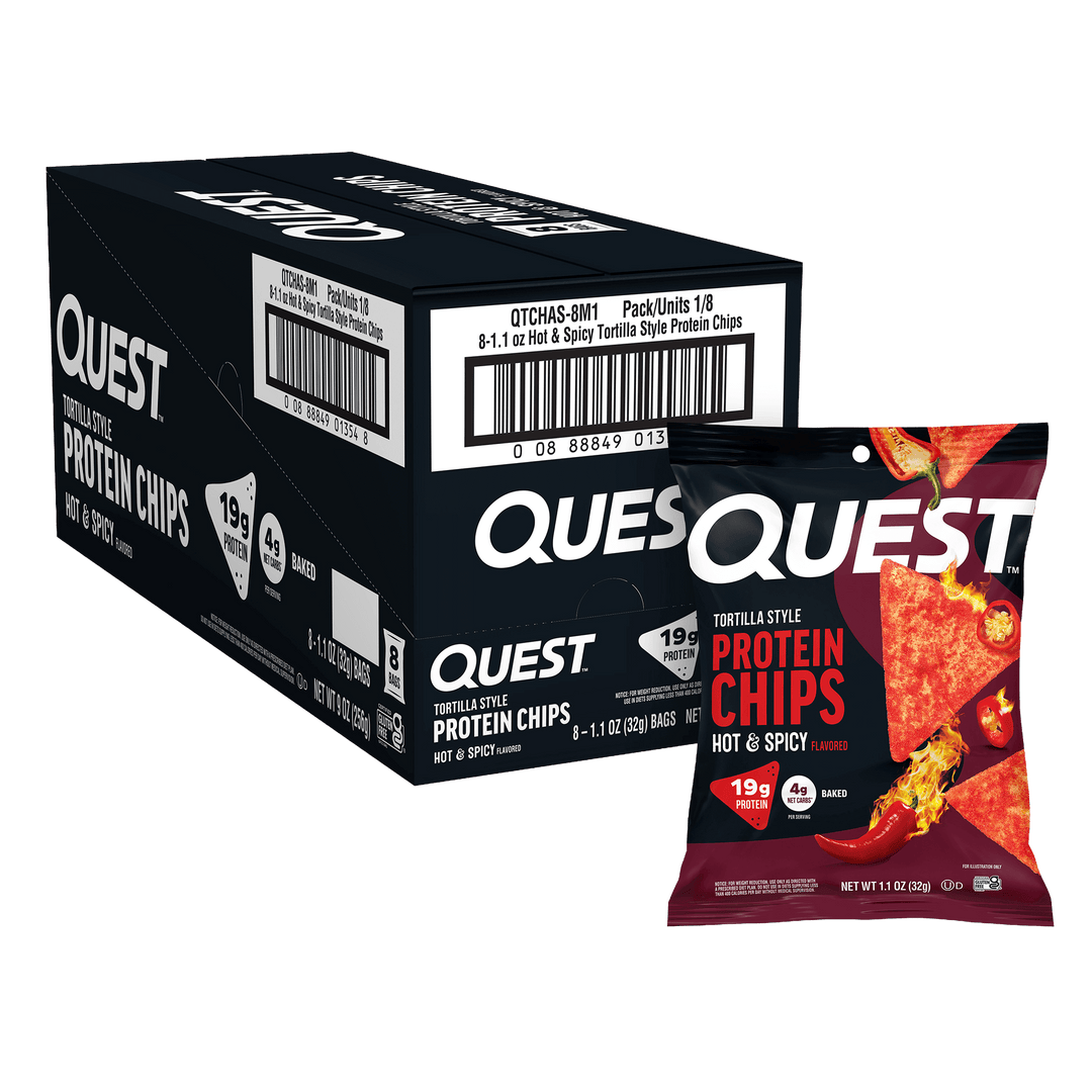 Front package of Quest Nutrition Tortilla Style Protein Chips, Hot & Spicy / 8-Pack (8 Bags)
