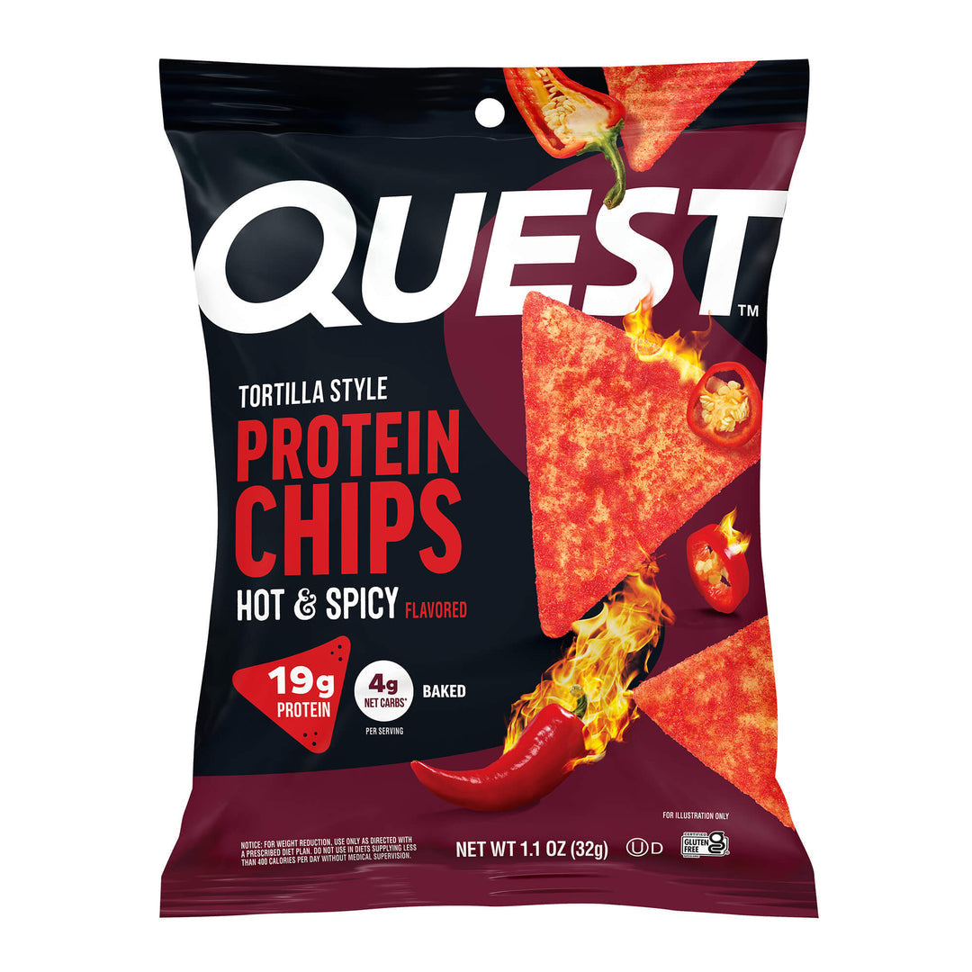 Front package of Quest Nutrition Tortilla Style Protein Chips, Hot & Spicy / Single Bag