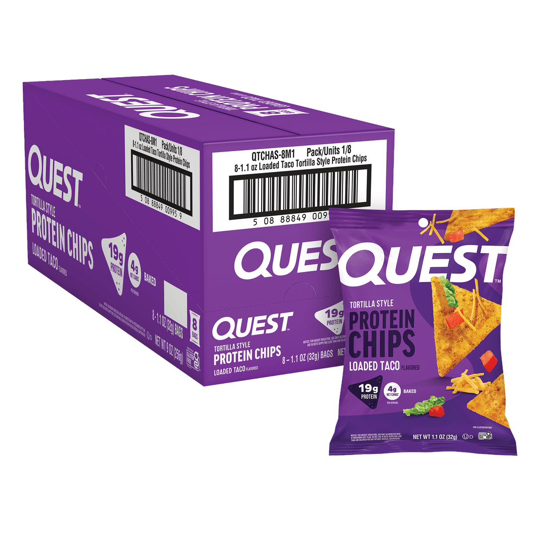 Front package of Quest Nutrition Tortilla Style Protein Chips, Loaded Taco / 8-Pack (8 Bags)