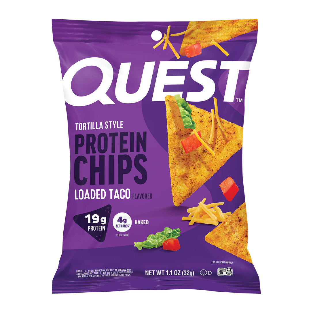 Front package of Quest Nutrition Tortilla Style Protein Chips, Loaded Taco / Single Bag