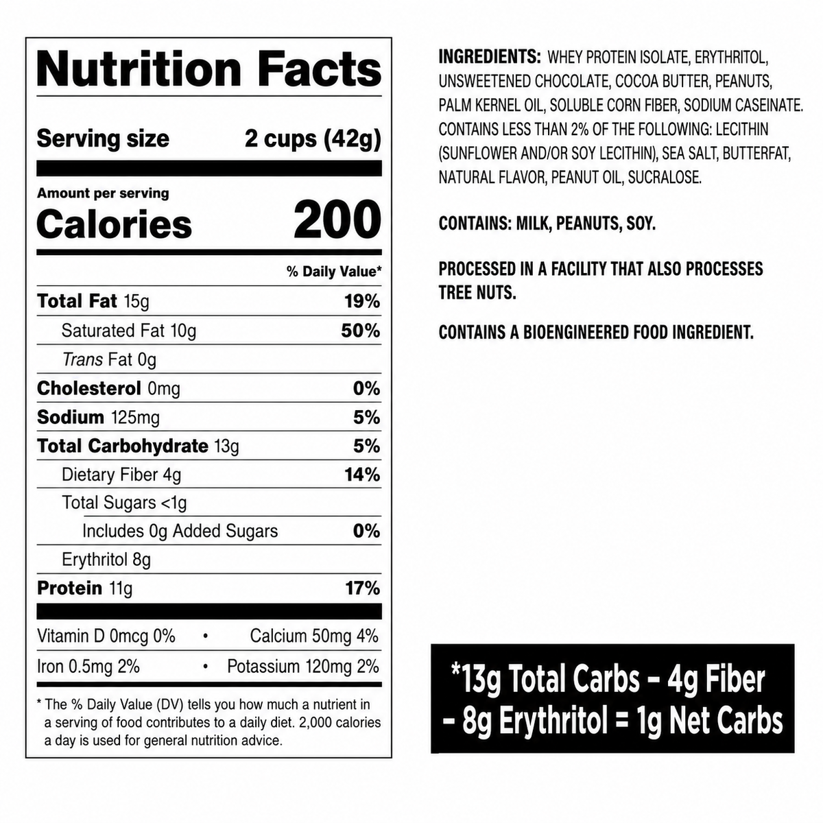 A nutrition facts label displays detailed information about a food product, including serving size, calories, and nutrient content, with specific ingredients and allergen warnings highlighted.