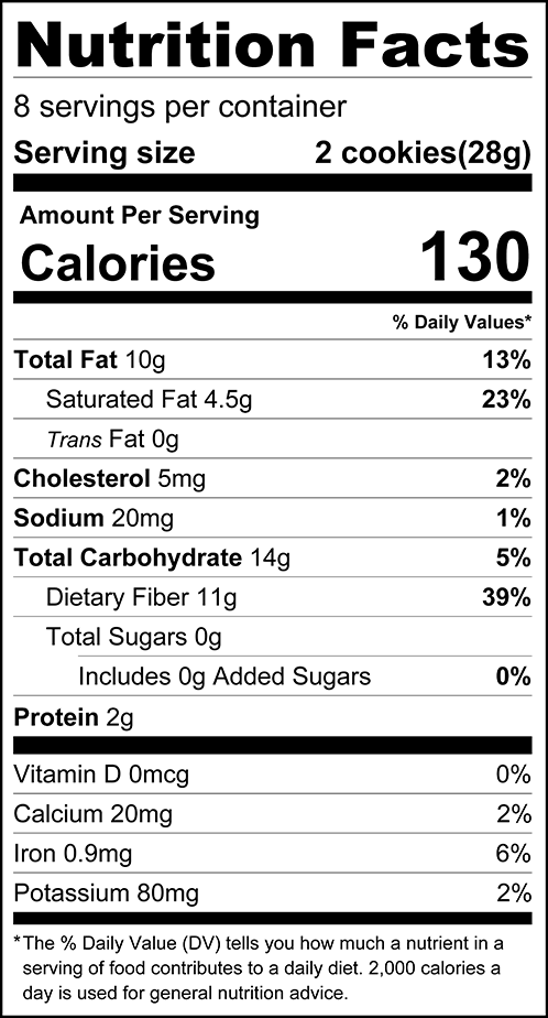 Nutrition facts for ChocZero Jolies Dark Chocolate Raspberry Cookies, 8 oz