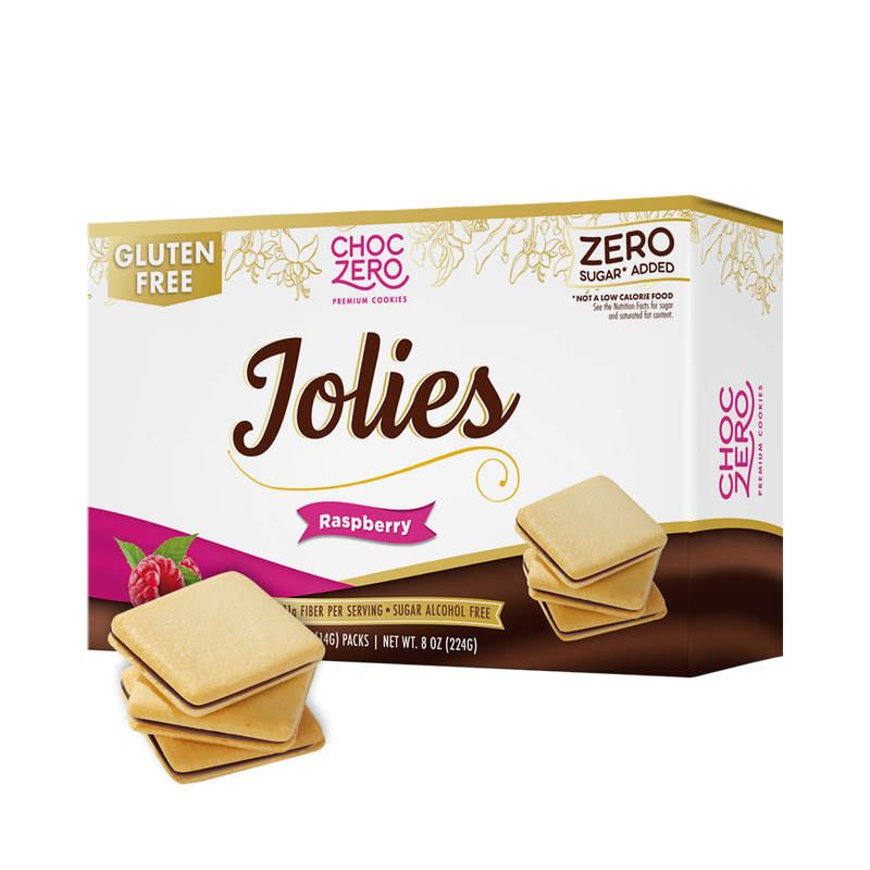 Front package of ChocZero Jolies Dark Chocolate Raspberry Cookies, 8 oz