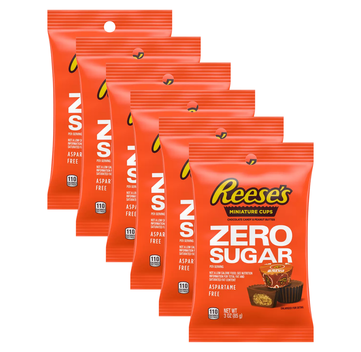 Six packages of Reese's Miniature Cups are displayed, each labeled "Zero Sugar," highlighting that they are aspartame-free and contain 110 calories per serving.