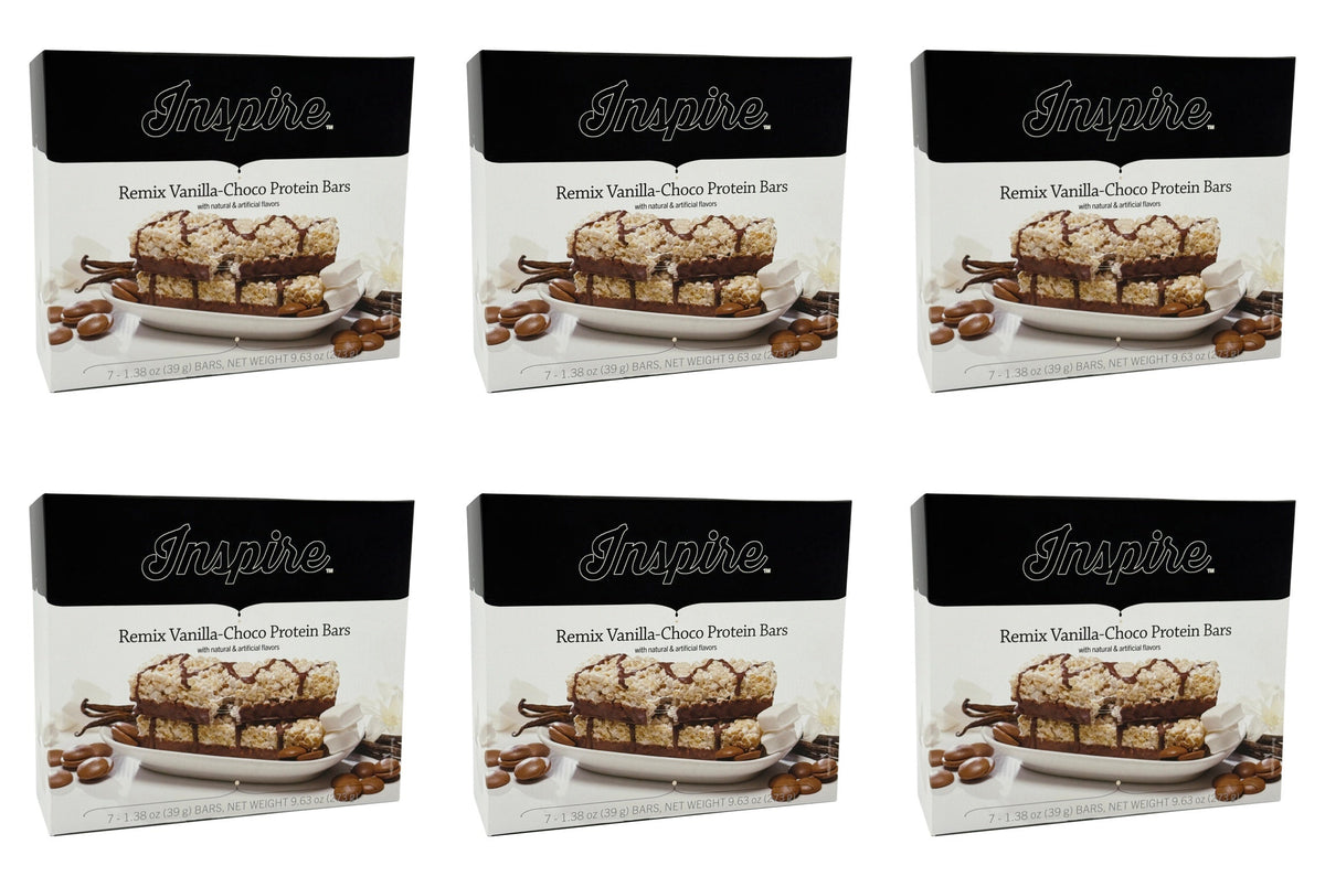 Six boxes of Inspire Remix Vanilla-Choco Protein Bars are displayed, each featuring a protein bar on a plate with chocolate drizzle and coffee beans, highlighting the product's flavor and branding.