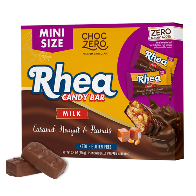 Front package of ChocZero Mini Size Rhea Candy Bar
