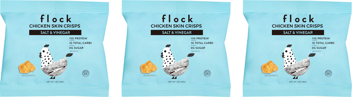 Flock Chicken Skin Crisps, Salt & Vinegar / 3-Pack.