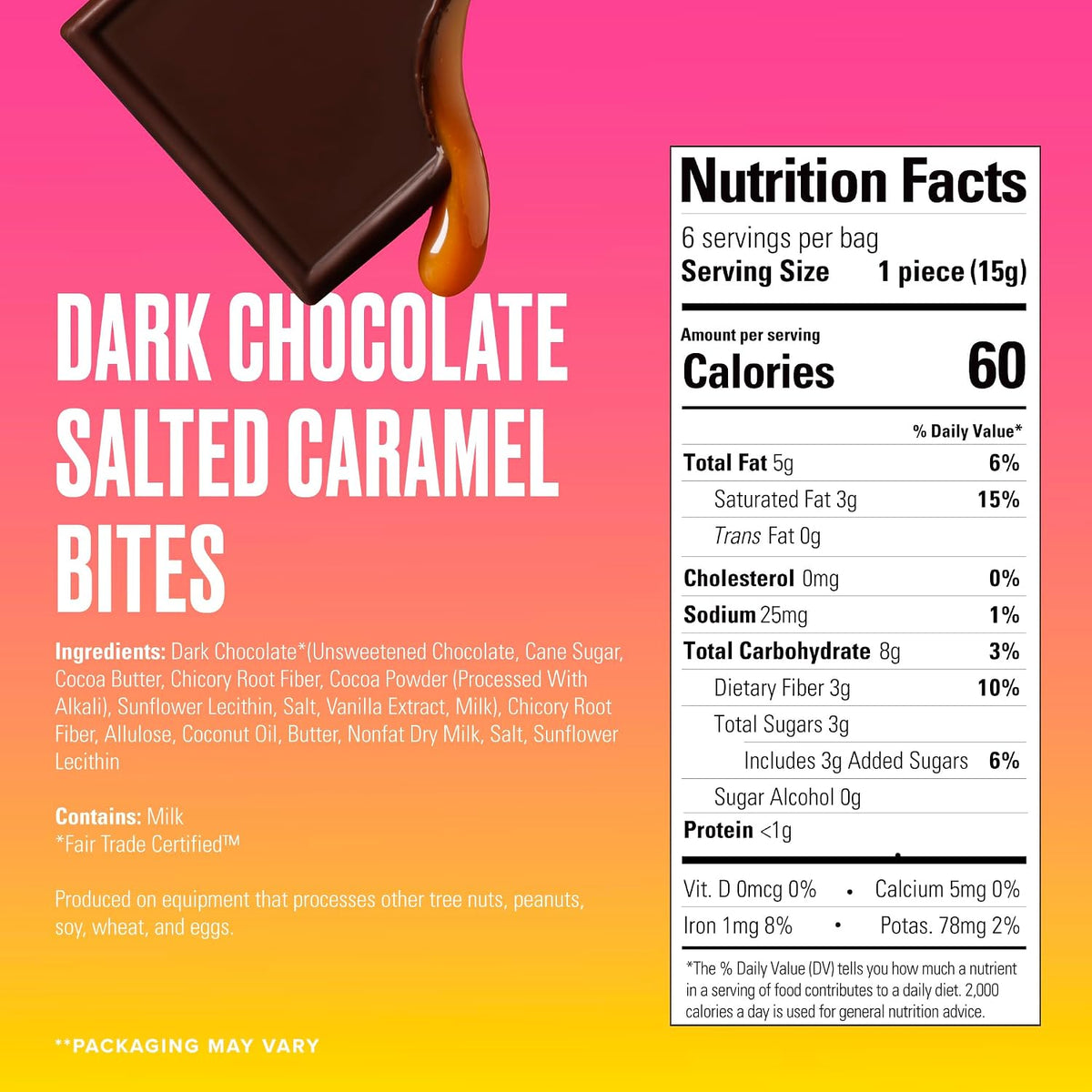 SkinnyDipped Bites - Dark Chocolate Salted Caramel Bites - One Bag