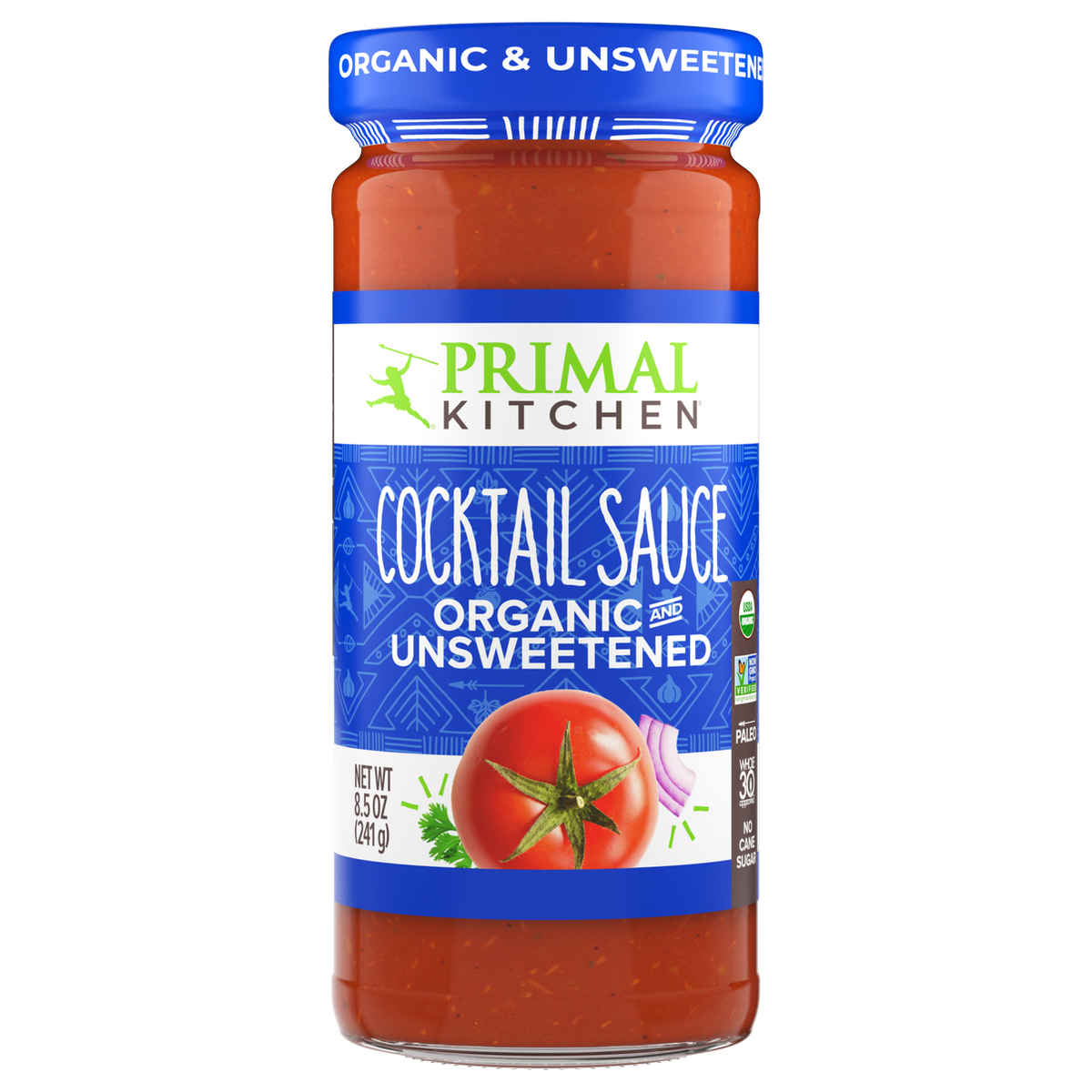 A clear glass jar of Primal Kitchen organic and unsweetened cocktail sauce features a vibrant red sauce with a tomato graphic, labeled prominently in blue and green.
