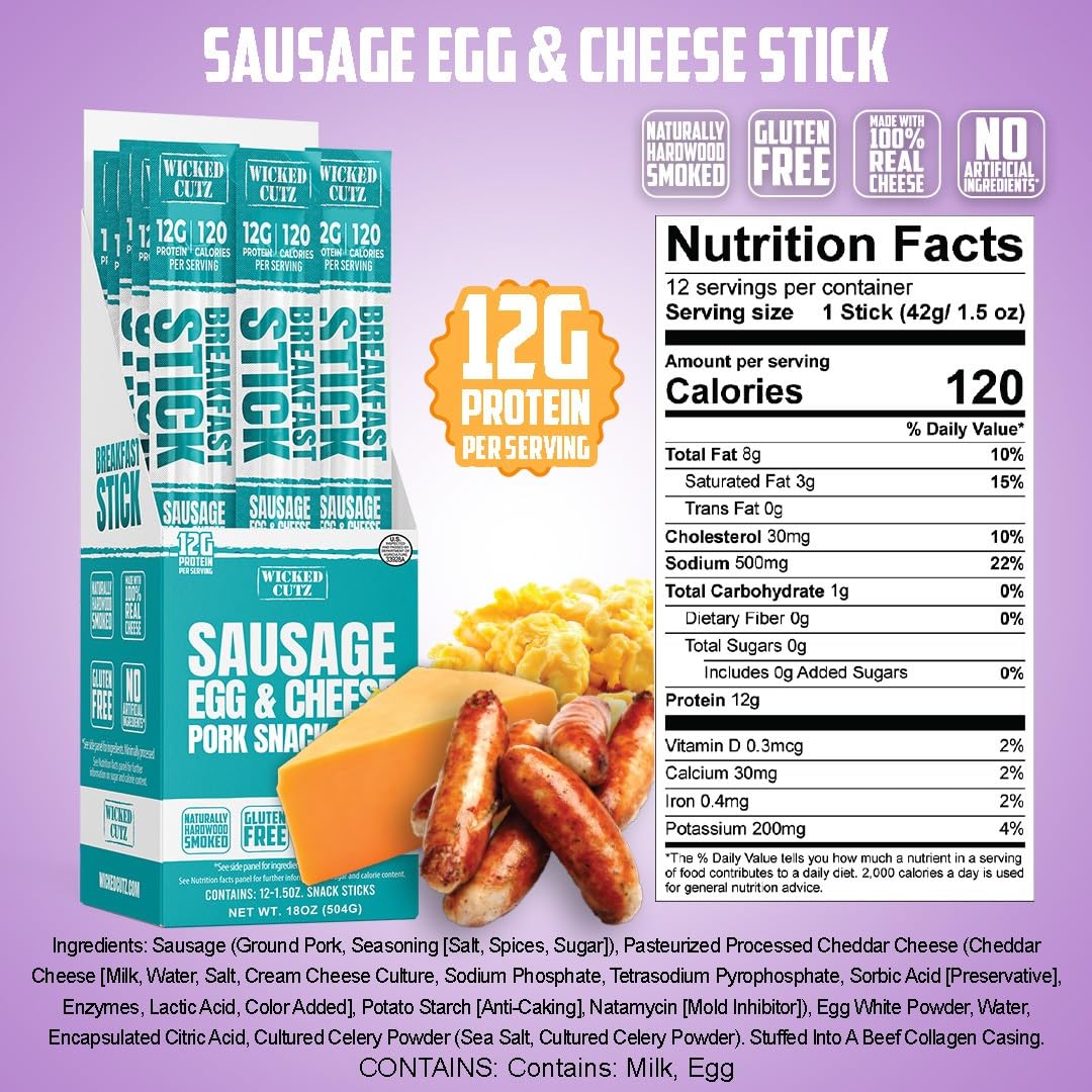 Wicked Cutz High Protein Breakfast Pork Snack Stick - Sausage Egg & Cheese