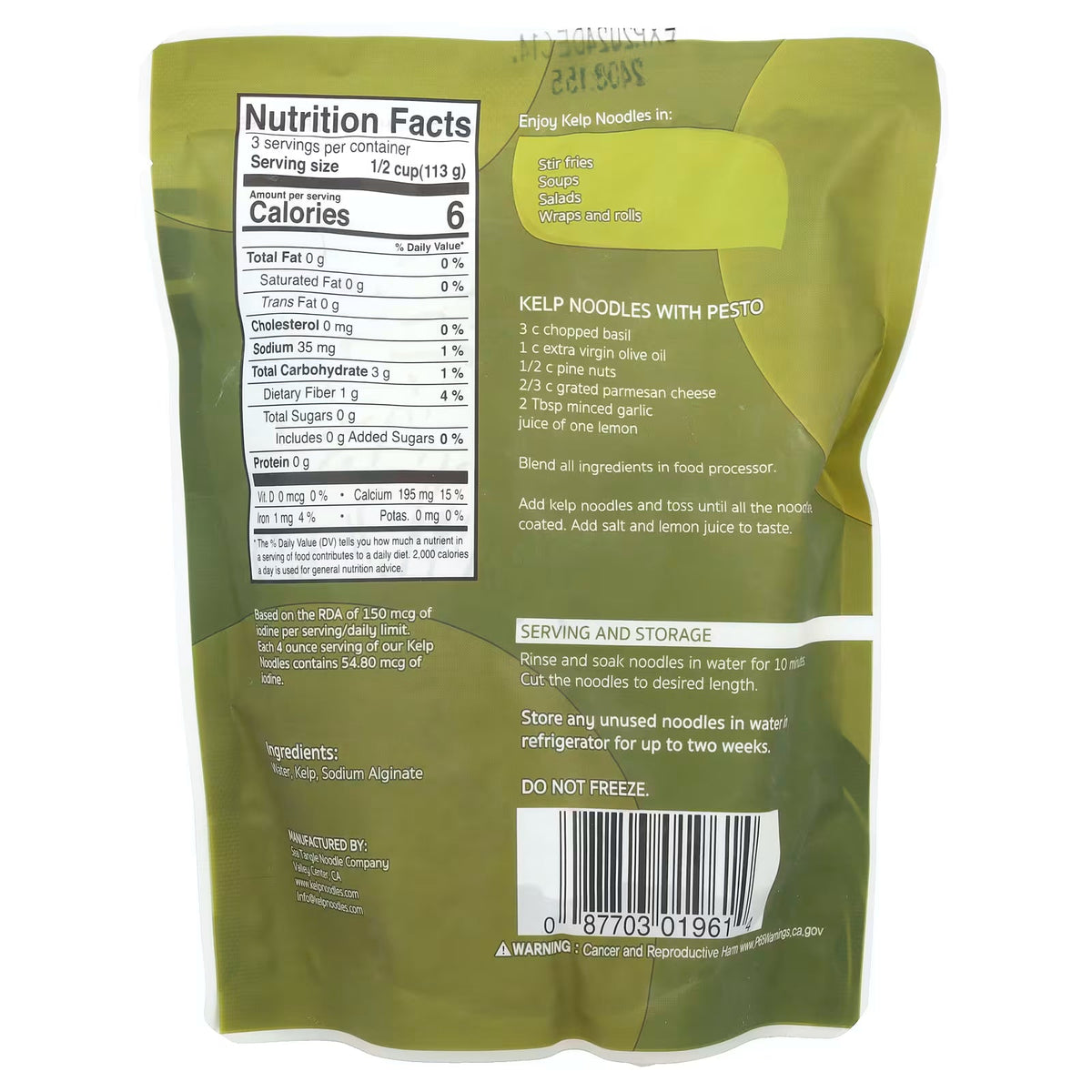 The back of a green packaging for kelp noodles displays nutrition facts, serving suggestions, and preparation instructions, emphasizing low calories and various recipe ideas.