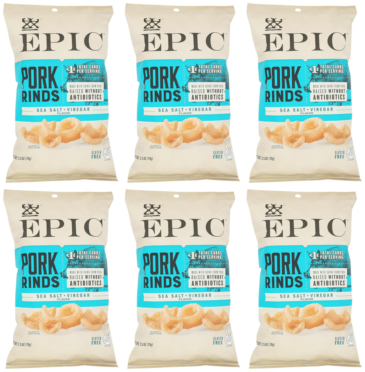 Epic Oven Baked Pork Rinds, 2.5 oz - Sea Salt Vinegar 6-Pack